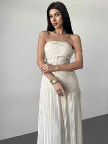 Firerie 女士优雅刺绣纹理面料不对称下摆褶皱 A 字连衣裙，浪漫度假、音乐节、日常穿着、夏季 - 杏色 - 查看 6