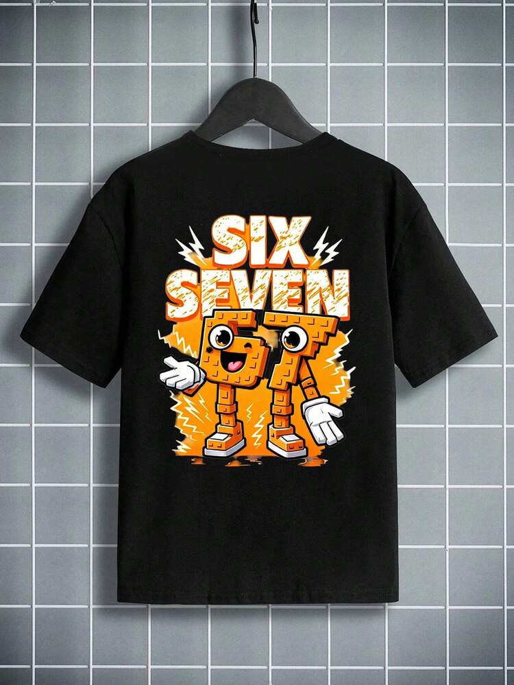 Boys' Casual Creative Graphic Tee, Orange Number 67 Building Block Lightning Bolt Letter Print Short Sleeve T-Shirt, Comfortable Daily Wear For Spring, Summer And Autumn - Black - View 4