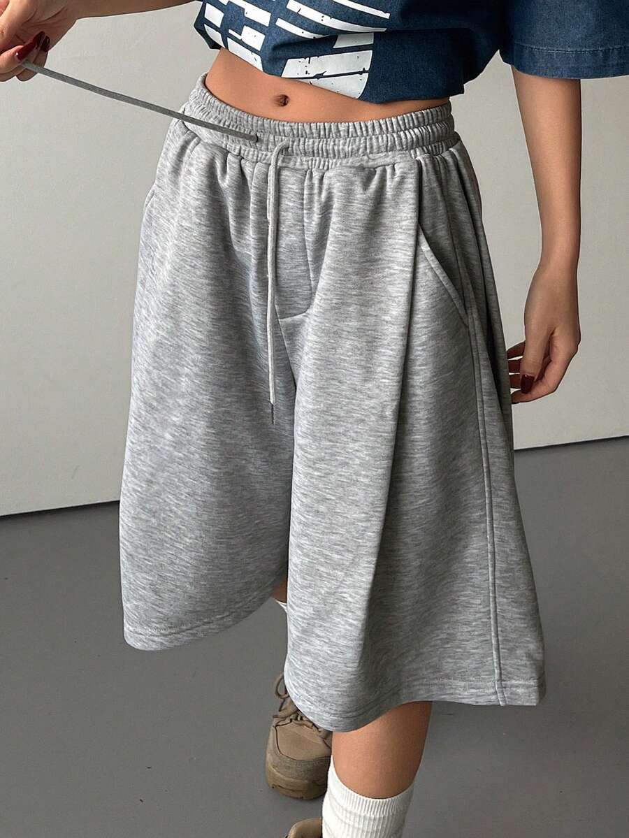 DAZY Pantalones deportivos casuales de mujer con pliegues sueltos y unicolor, primavera - Gris Claro - Ver 1