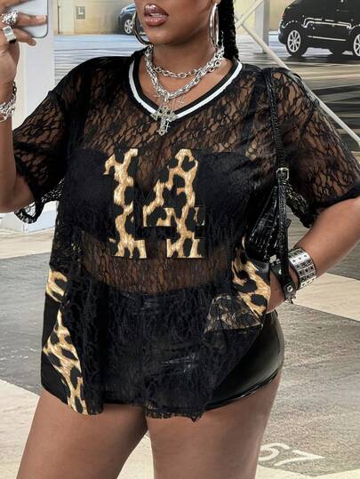 SHEIN CURVE+ Plus Size 2026 New Spring/Summer Women's Plus Size Street Sports/Music Festival/CLUB/Retro Western Vacation/Road Travel/Leisure Vacation Loose Black Lace Splicing Leopard Print Letter V-Neck Shoulder Short Sleeved Leopard Print Digital Pattern H-Shaped Fashionable Mid Length Top T-Shirt