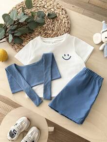 LMoss Kids Bộ 3 món cho bé trai gồm áo thun cổ tròn màu trơn, khăn choàng và quần short dệt kim. - Nhiều màu - Xem 4