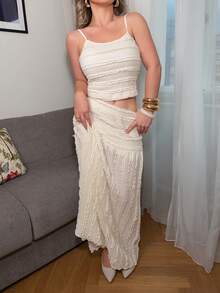 Jeta Ari 女士杏色优雅荷叶边吊带背心和迷你裙两件套，度假装，夏季女装，西式女装，乡村风女装，度假两件套 - 杏色 - 查看 3