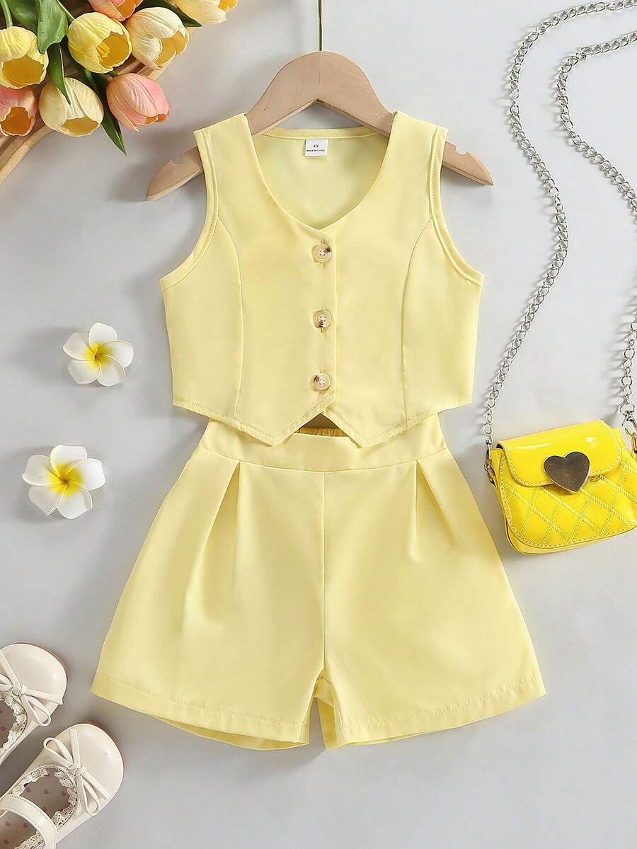 SHEIN 少女兩件套，淺黃色鈕扣前襟上衣 & 寬鬆短褲休閒夏季返校套裝，適合日常穿著 & 活動 - 黃色 - 查看 1