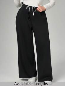 SHEIN Tall CURVE Große Größen Sporthose mit tiefer Taille, kontrastfarbigem Bund, weite Beine, Damen Lässig Hose im Alltags-Lässig-Stil - Schwarz - Übersicht 1