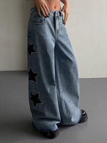 DAZY Quần jeans nữ ống đứng cạp thấp in hình ngôi sao bên hông, kiểu dáng thường ngày. - Rửa trung bình - Xem 1
