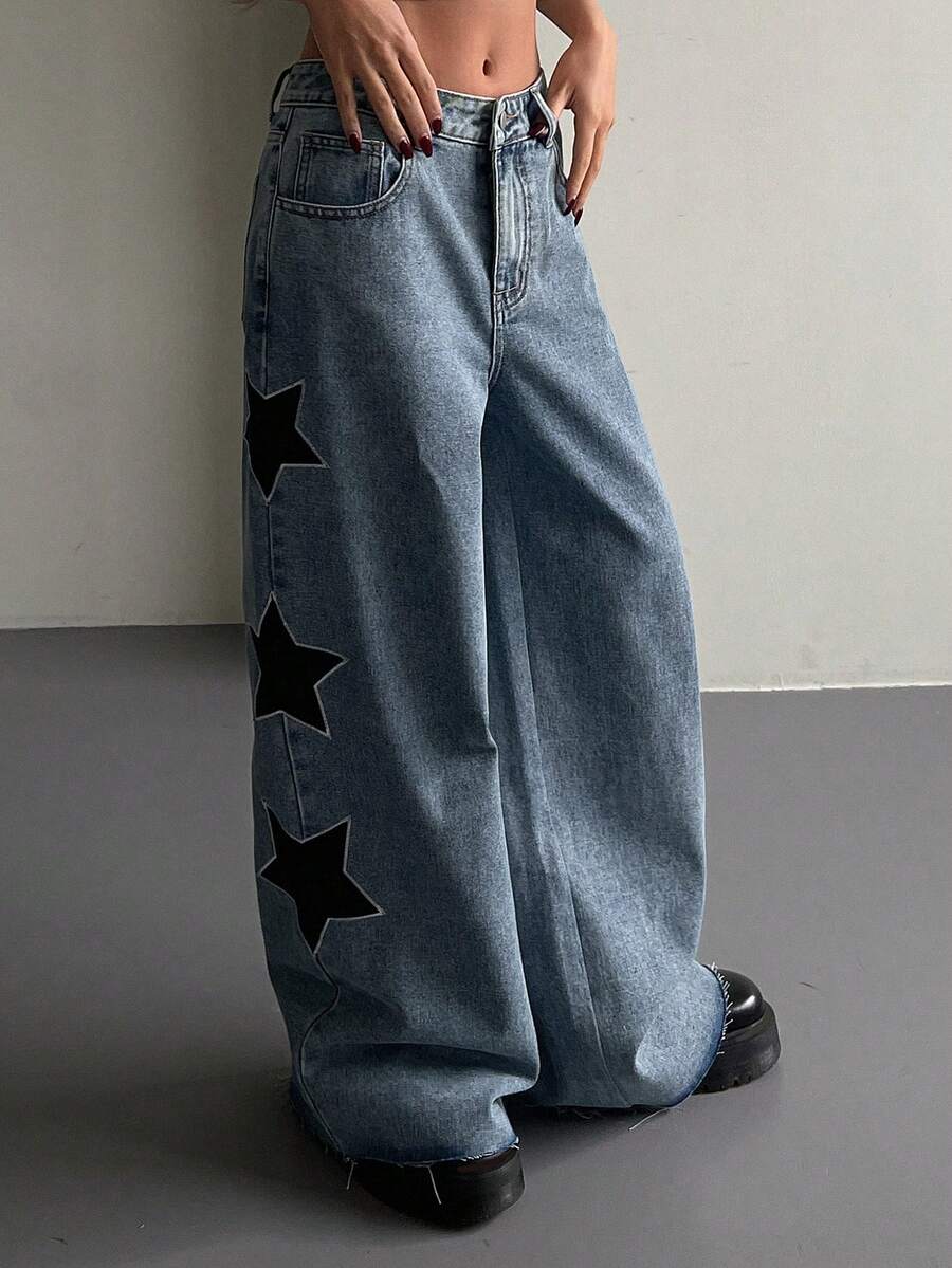 DAZY Quần jeans nữ ống đứng cạp thấp in hình ngôi sao bên hông, kiểu dáng thường ngày. - Rửa trung bình - Xem 1