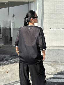 Muchica 大码女式休闲时尚街头字母印花撞色滚边V领网纱透视上衣和阔腿裤两件套，春夏秋季 - 黑與白 - 查看 6