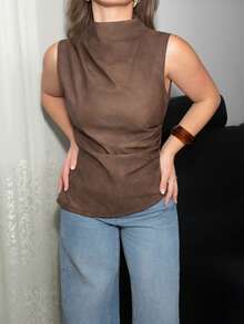 Jeta Ari Top court bandeau plissé en PU marron pour femmes, hauts d'automne, hauts , pour sortir, tenue de mode décontractée des années 90 pour femmes, shooting de rue, printemps automne, débardeur plissé en couleur unie PU, hauts sans manches, hauts d'automne pour femmes - Marron - Voir 3