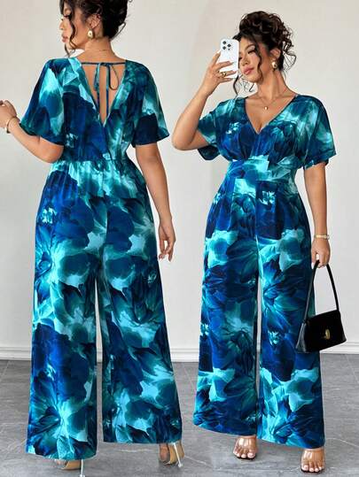 Elenzga Plus Size Women's Elegant Vacation Style V-Neck Waist Cinched Short Sleeve Tie-Dye Print Jumpsuit Wide Leg Pants, Suitable For Spring/Summer, Back To School, Graduation, Holidays, Valentine's Day, Music Festivals, Mother's Day, Halloween, Thanksgiving, Easter, National Day, Dances, Dates, Parties, Weddings, Outdoor Trips Vacation Jumpsuit Woman Blue Jumpsuit For Women