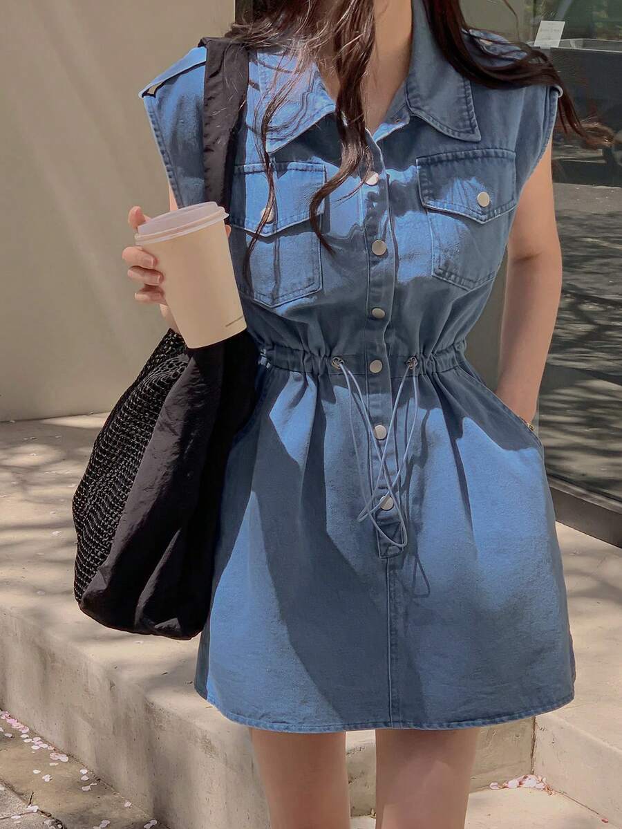 DAZY Women's Casual Drawstring Waist Denim Dress, Summer - Blue - View 1