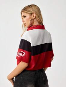 Tetris™ X SHEIN 女士字母数字印花单排扣休闲百搭日常短袖衬衫 - 紅色 - 查看 2