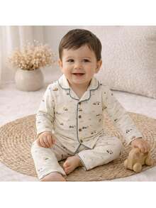 Loomiva 2件套男婴卡通汽车图案翻领长袖开衫衬衫和松紧腰裤套装 - 藍白色 - 查看 3