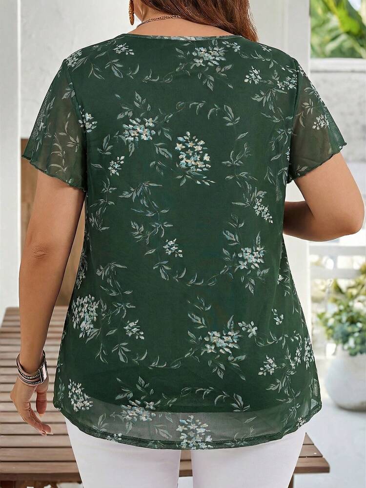 Plus Size Women's Summer Casual Vacation Short Sleeve Floral Print Tunic Blouse Top, Summer Holiday,Vacation,Spring Break,Vacation,Holiday,Going Out,2026 New,Simple And Fashionable For Everyday Wear, Green Summer Top, Summer Blouse Top, Dark Green Tops