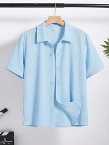 SHEIN Teen Boy Solid Color Polo Collar Single-Breasted Casual Versatile Daily Wear Short Sleeve Shirt,Kids Spring Outfits For Men Plain Shirt For Men Summer Shirt For Men Light Blue Men Shirt - Baby Blue - View 8