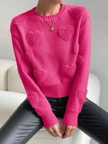SHEIN Unity Heart Knit Drop Shoulder Sweater Knit Pullover Fall Winter - Hot Pink - View 1