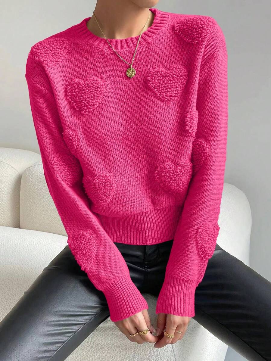 SHEIN Unity Heart Knit Drop Shoulder Sweater Knit Pullover Fall Winter - Hot Pink - View 1