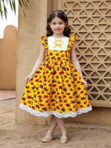 Young Girls Yellow Floral Dress With Blue Butterfly,Summer 7th Birthday Outfit,White Lace Patchwork Sleeveless Ruffle Hem Vintage Tea Party Sundress - Yellow - View 12