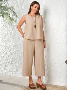 Rosumi Conjunto de 2 piezas de talla grande para mujer con top sin mangas de cuello redondo y pantalones capri con bolsillos, color caqui - Caqui - Ver 4