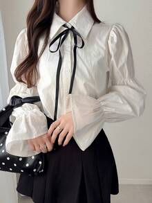 FRIFUL Women's Knotted Single-Breasted Pleated Casual Versatile Daily Wear Shirt - White - View 6