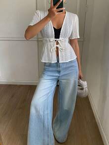 DAZY Áo nữ màu trơn thắt eo dáng dài tay xòe cổ chữ V thanh lịch mùa thu/đông - trắng - Xem 5