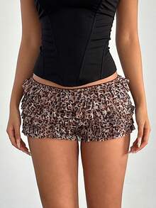 Aloruh Women's Fashion Colorblock Lace Trim Bow Leopard Print Mesh Layered Ruffle Hem Mini Shorts For Music Festival,,For Daily,Office,Outgoing - Multicolor - View 5