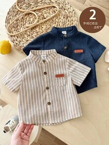 LMoss Kids 2pcs Baby Boy Woven Solid Color Casual Collared Shirt Sets - Multicolor - View 7