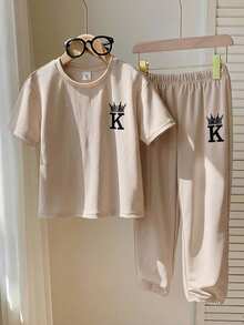 2pcs Young Boys' Casual Comfortable Versatile Printed T-Shirt And Pants Set - Khaki - View 9