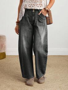 SHEIN PETITE Quần jeans ống loe rách nhẹ, phong cách thường ngày dành cho nữ, thích hợp cho kỳ nghỉ. - Xám - Xem 4