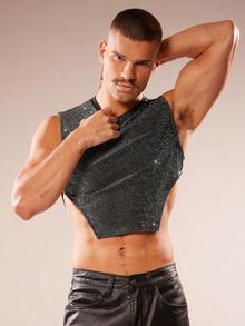 FeverCity Men's Fashionable Sleeveless Shiny Cropped Tank Top For Summer - Black - View 4