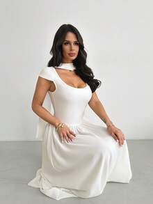 Firerie Women's Elegant White Summer Dress,Vacation Resort Beach Scoop Neck Flowy Sleeve A-Line Midi Chiffon Formal Wedding Guest Chic Minimalist Fashion - White - View 1