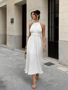 Firerie Vestido midi blanco con espalda descubierta y plisado sexy para vacaciones, sin mangas para el verano - Blanco - Ver 7