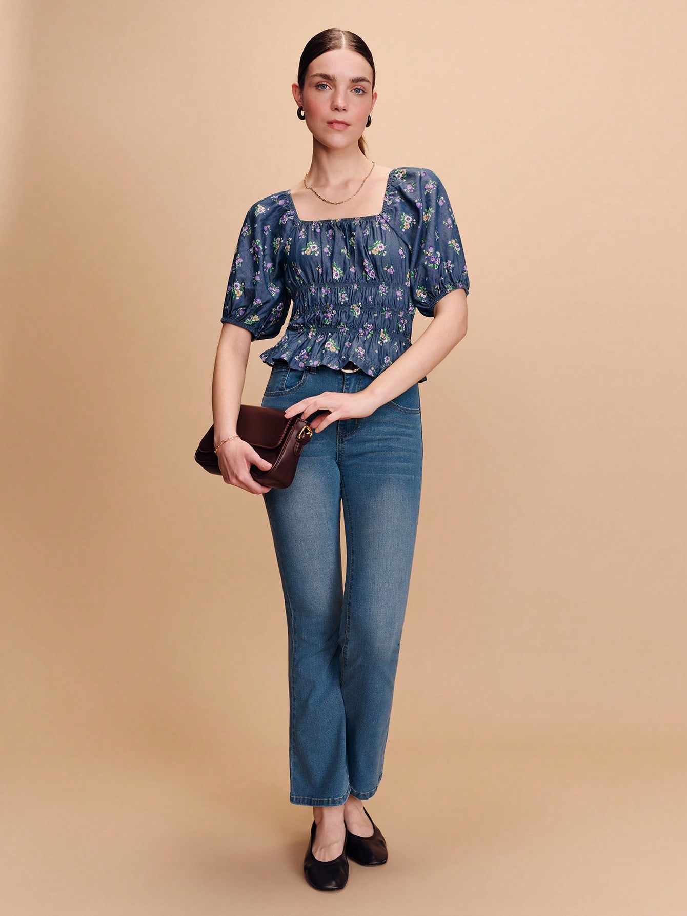 Vintage Dark Blue Denim-Look Floral Smocked Crop Top With Puff Sleeves And A Square Neckline Cute Style Spring Summer Vacation French Style Parisian Style