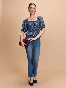 lacRébo Vintage Dark Blue Denim-Look Floral Smocked Crop Top With Puff Sleeves And A Square Neckline Cute Style Spring Summer Vacation French Style Parisian Style - Dark Wash - View 3