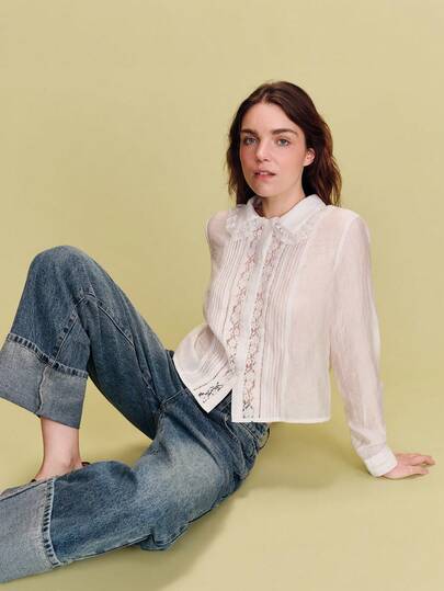 lacRébo 白色复古长袖衬衫，饰有蕾丝花边和褶裥细节，春夏法式巴黎风可爱上衣，复古办公室必备单品