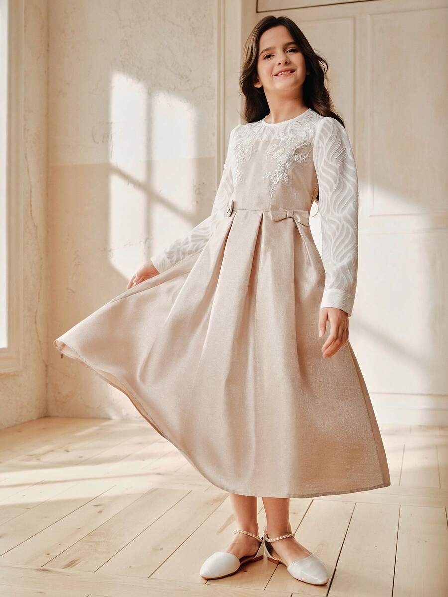 Anewsta Girls Spring/Summer New Textured Fabric Patchwork Embroidered Ruffle Hem A-Line Big Tween Girl Dress - Champagne - View 1