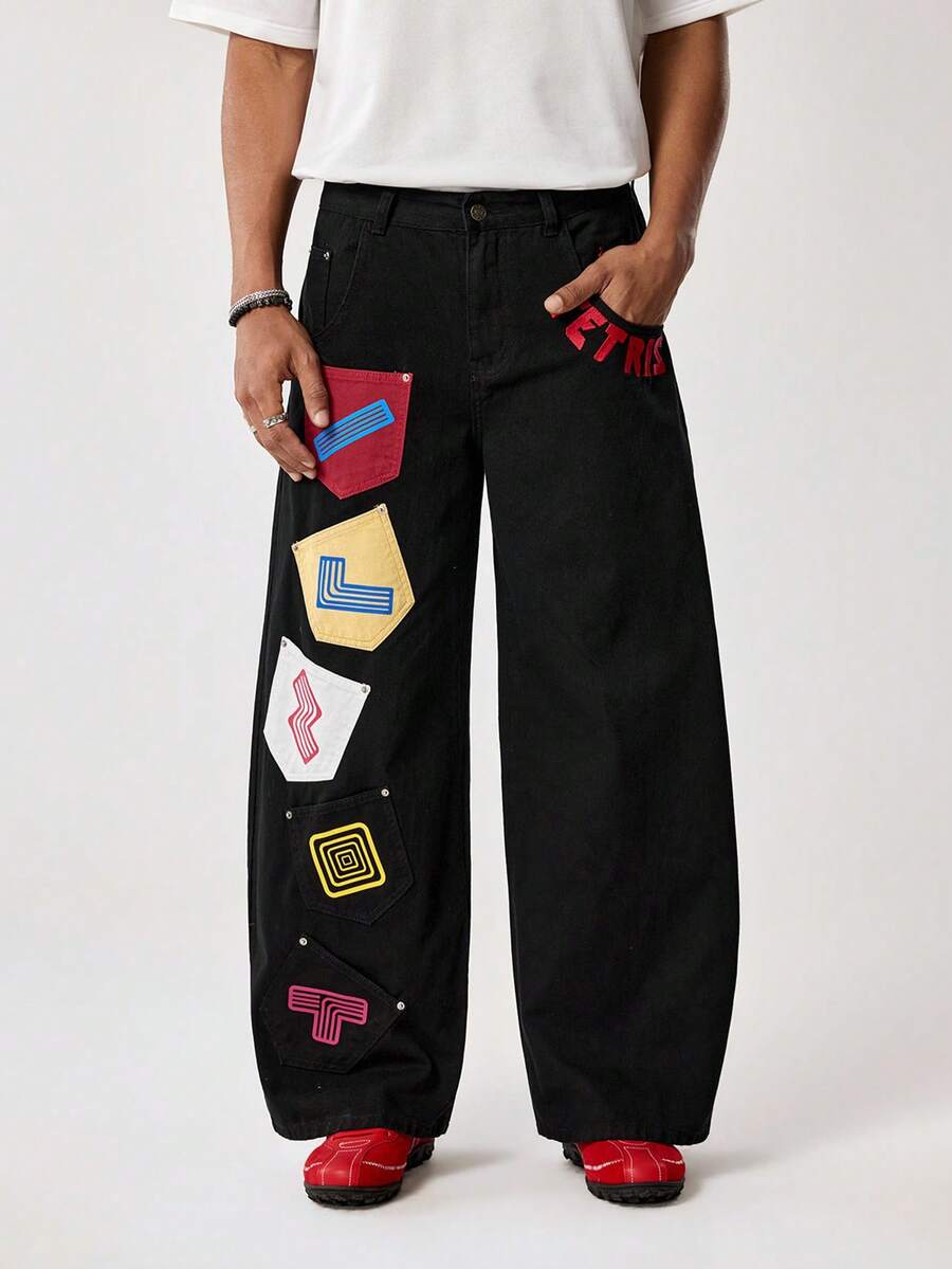 Tetris™ X SHEIN Men's Pocket Button Letter Graphic Casual Versatile Daily Wear Wide Leg Jeans - Black - View 1