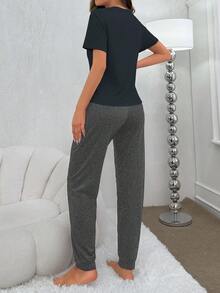 Women Short Sleeve T-Shirt And Long Pants Pajama Set With Eyelash Pattern - Dark Grey - View 2