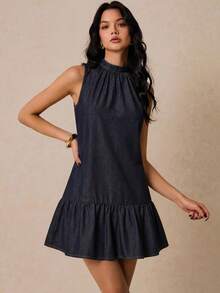 Poéselle New Women's Denim Dress, Casual Washed Denim Sleeveless Ruffle Dress, High-Neck Dress, Mini Dress, Dark Blue Dress. Summer Dresses Summer Outfits  Summer Holiday Outfits Elegant Dresses For Party  Bridesmaid Dress Graduation Dress For Women Ceremony Dress  Elegant Dresses  Summer Vacation Outfits  Formal Dress For Women - Dark Wash - View 4