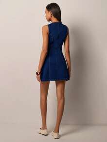 COSMINA Women's Round Neck Double-Breasted Pocket Casual Sleeveless Denim Dress - Navy Blue - View 2
