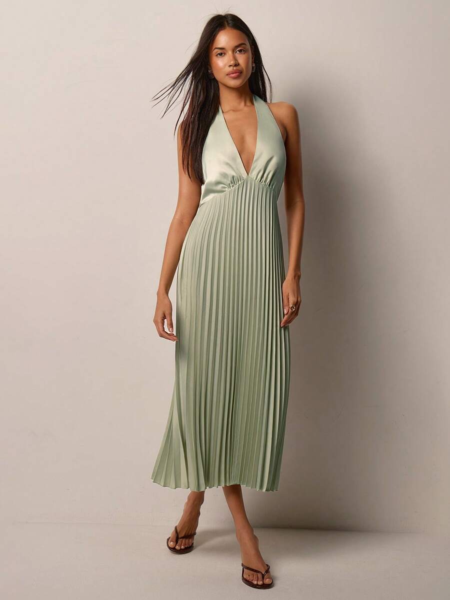 COSMINA Women's Mid-Length Dress, V-Neck Women's Dress, Pleated, Flared Hem Dress, Women's Wedding Guest Dress, Wedding Dress, Green Women's Formal Dress, Elegant Women's Dress, Summer Women's Dress, Date Dress, Party Dress, Event Dress - Pastel Green - View 1