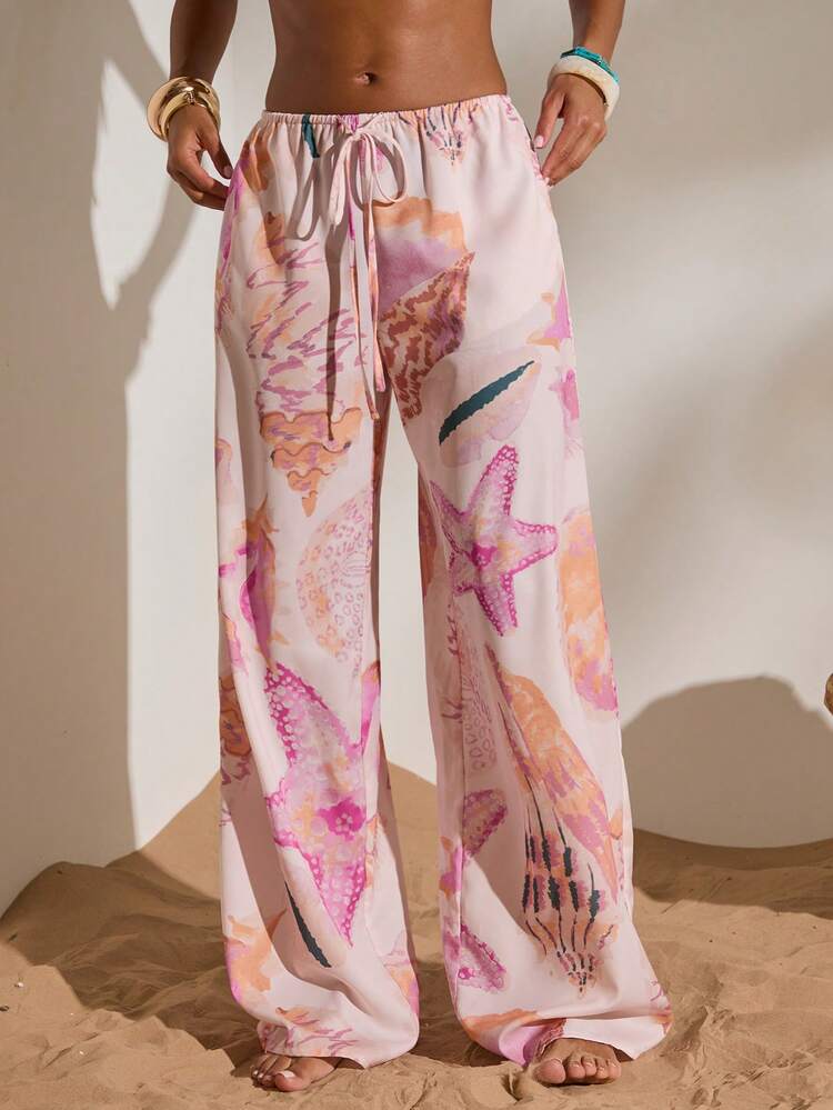 Opulessa Summer Spring Elegant Casual Going Out Beach Vacation Printed Loose Women's Pants, Elegant Seashell Print, Spring Summer Vacation - Pink - View 5