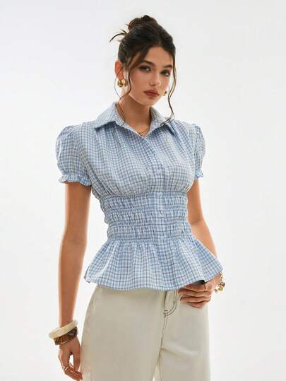 Poéselle Women's Blue Plaid Ruffle Single-Breasted Fashionable Versatile Daily Wear Shirt,Going Out Top,Elegant Women's Blouses,Casual Blouses For Women,Office Outfits For Women,Suitable For Daily Wear, Vacations, And The Office,Spring/Summer