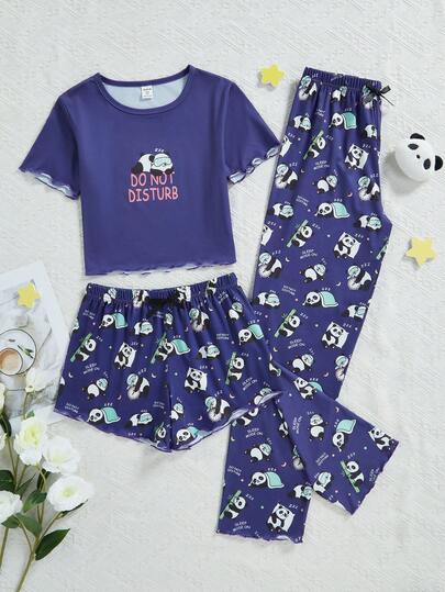 3pcs/Set Tween GirlsBrown Cute Bear Print Long Pants, Shorts And Short Sleeve Top Pajama Set