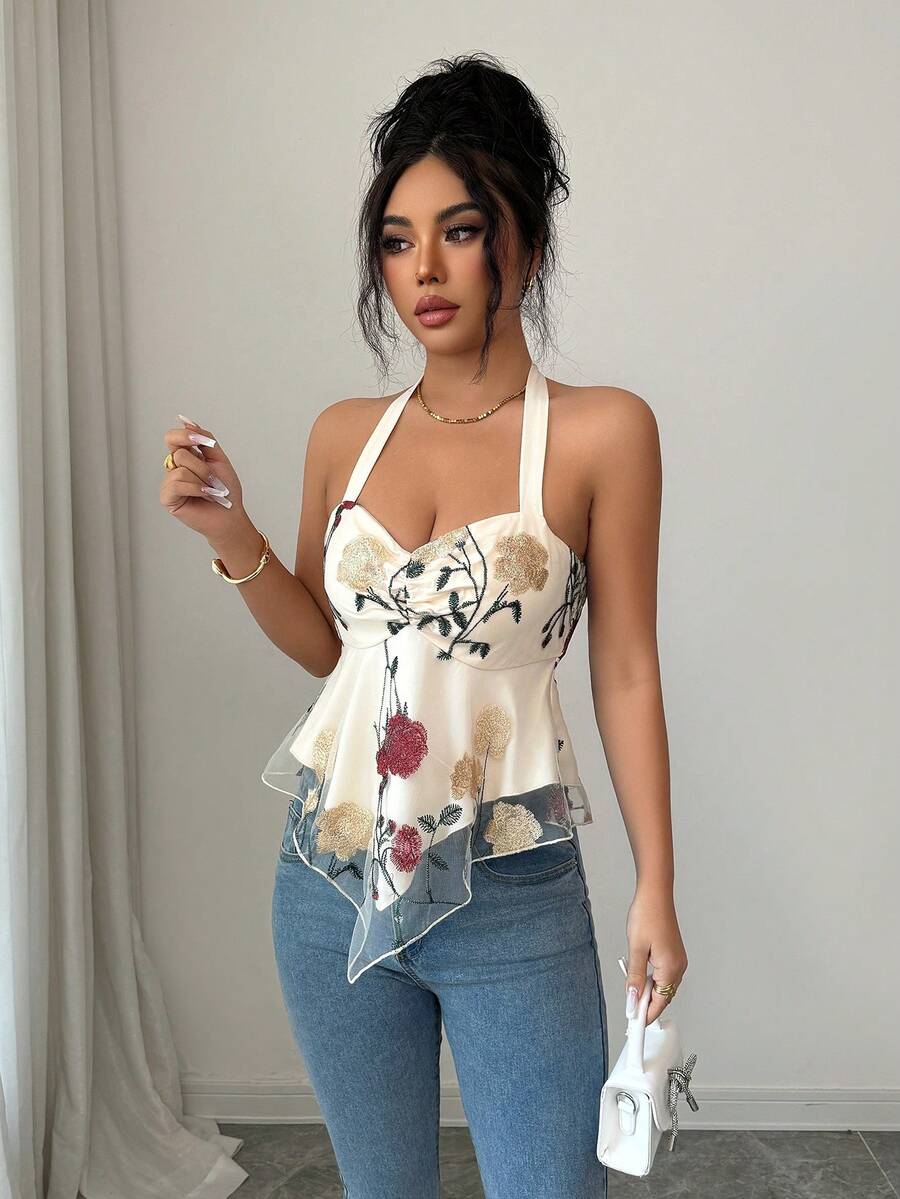 Rafferiza 女士优雅花卉刺绣不对称下摆衬衫，夏季 - 杏色 - 查看 1