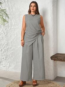 Rosumi 2pc Set Plus Size Women's Summer Elegant Vacation Black And White Striped Sleeveless Asymmetrical Tank Top And Wide Leg Pants,Smart Casual Boho Set - Multicolor - View 3