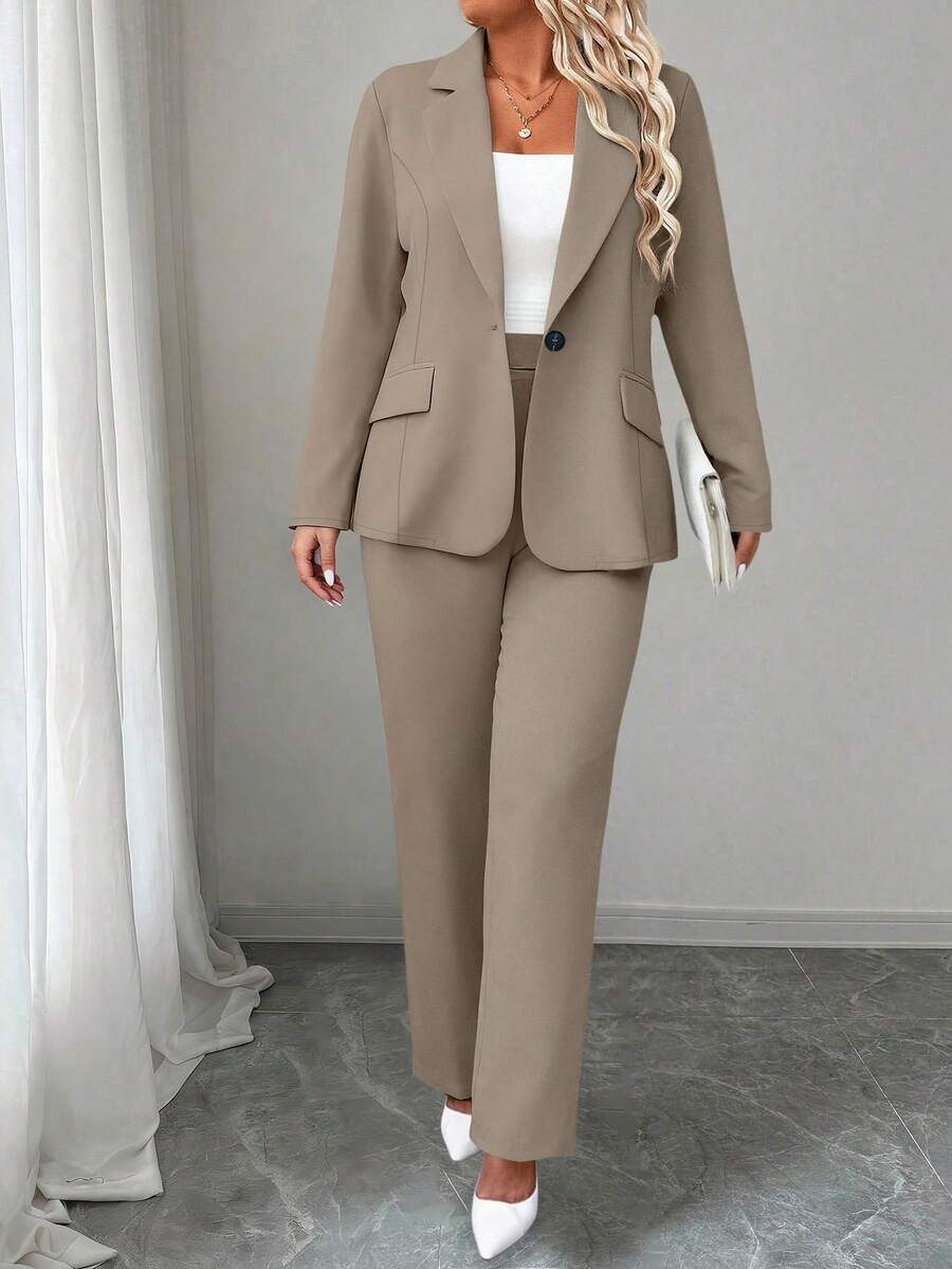 Elenzga Plus Size Minimalist Commuter Single-Breasted Blazer And Trouser Suit Set, Autumn - Khaki - View 1