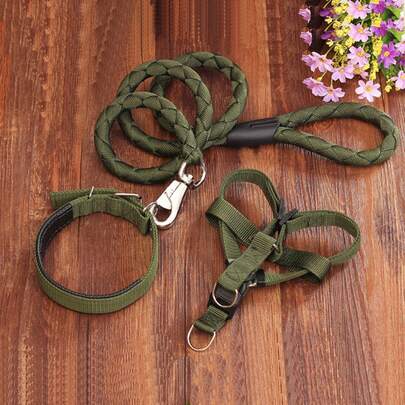 Three Pieces Set Of Large Dog Thick Braided Nylon Rope, Pet Leash, Collar