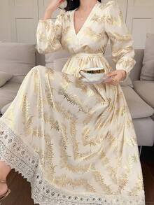 DAZY 撞色蕾丝V领宽松长袖优雅度假连衣裙（女士款） - 杏色 - 查看 6