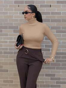 Melissa Matos 高领保暖内衬紧身毛衣，秋冬保暖打底衫 - 杏色 - 查看 3