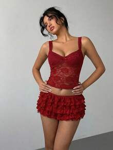 Aloruh Women's New Sexy Lace Solid Black Ruffle Hem Low Waist Shorts Hotpants - Red - View 5